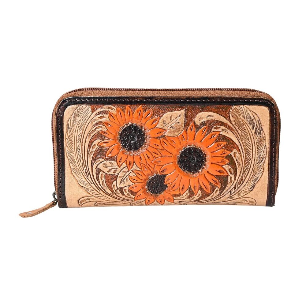 6601 Western Go To Gear Sunflower Tooled Handmade Bifold Wallet Tan &